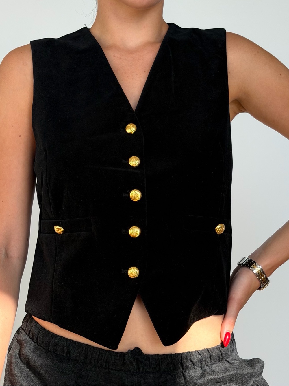 Zara Black Velvet Vest with Gold Buttons